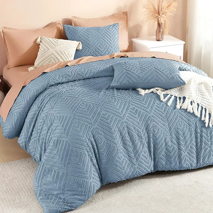 Premium Material Litanika Grayish Blue Oversized Queen Comforter 3 Pieces Tufted Boho Farmhouse Bedding Comforter Sets Lightweight Fluffy Comforter Bed Set for All Season 98x98In Comforter and 2 Pillowcases First-Class