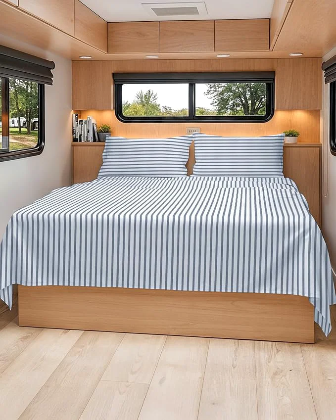 Green Short Queen Size 4 Piece Sheet Set – RV Short Queen Soft Breathable amp Cooling Bed Sheets Set w Deep Pockets – Hotel Luxury Bedding for Women Men Kids Teens Boys amp Girls Oeko-Tex – Blue Stripes Proven