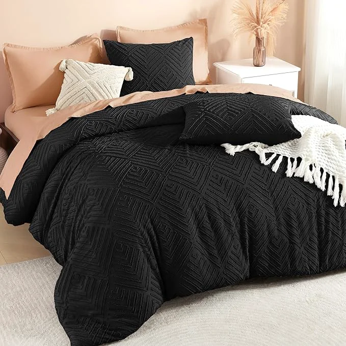 Next-Generation Litanika Black Queen Comforter Set 3 Pieces Tufted Boho Farmhouse Bedding Comforter Sets Lightweight Fluffy Comforter Bed Set for All Season 90x90In Comforter and 2 Pillowcases Sustainable