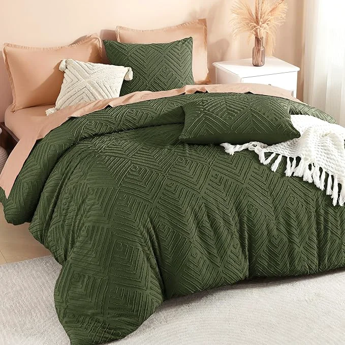 Selected Litanika Olive Green Queen Comforter Set 3 Pieces Tufted Boho Farmhouse Bedding Comforter Sets Lightweight Fluffy Comforter Bed Set for All Season 90x90In Comforter and 2 Pillowcases Reusable