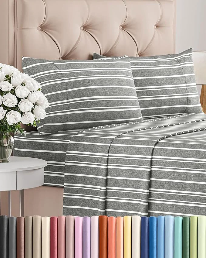 Modern King Size 4 Piece Sheet Set – Comfy Breathable amp Cooling Bed Sheets Set – Hotel Luxury Bedding for Women Men Kids Teens Boys amp Girls – Deep Pockets Soft Wrinkle – Oeko-Tex – Grey Stripes 3 Powerful