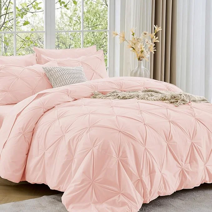 Soft Sasttie Full Size Comforter Set 7-Piece Bed in a Bag Pintuck Bedding Set for All Season Includes Comforter Flat Sheet Fitted Sheet Pillowcases and Pillowshams Blush Pink Traditional