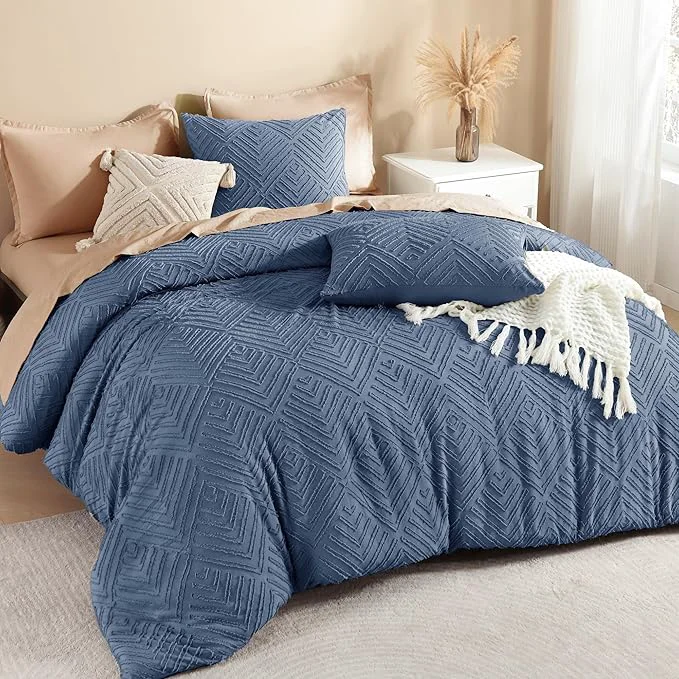 Crafted Litanika Ocean Blue King Size Comforter Set 3 Pieces Tufted Boho Farmhouse Bedding Comforter Sets Lightweight Fluffy Comforter Bed Set for All Season 104x90In Comforter and 2 Pillowcases Premium Material