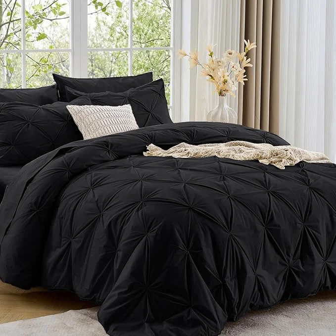 Exclusive Sasttie California King Comforter Set 7-Piece Bed in a Bag Pintuck Bedding Sets for All Season Includes Comforter Flat Sheet Fitted Sheet Pillowcases and Pillowshams Black Contemporary