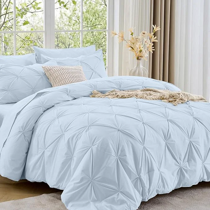Official Sasttie Full Size Comforter Set 7-Piece Bed in a Bag Pintuck Bedding Sets for All Season Includes Comforter Flat Sheet Fitted Sheet Pillowcases and Pillowshams Light Blue Optimized