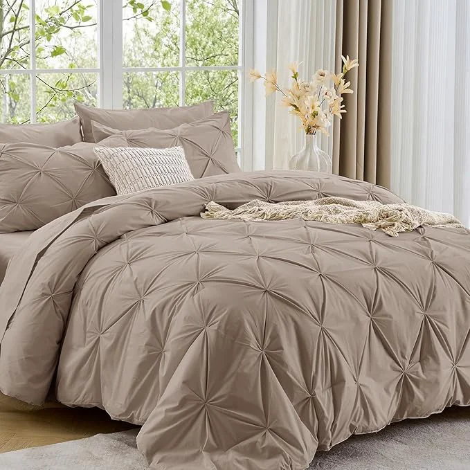 First-Class Sasttie Queen Comforter Set 7-Piece Bed in a Bag Pintuck Bedding Sets for All Season Includes Comforter Flat Sheet Fitted Sheet Pillowcases and Pillowshams Dark Linen Quality