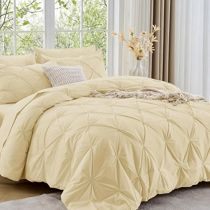 Official Sasttie Full Size Comforter Set 7-Piece Bed in a Bag Pintuck Bedding Set for All Season Includes Comforter Flat Sheet Fitted Sheet Pillowcases and Pillowshams Pale Yellow Sophisticated