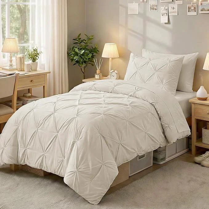 Fashionable Sasttie Twin Comforter Set 5-Piece Bed in a Bag Pintuck Bedding Sets for All Season Includes Comforter Flat Sheet Fitted Sheet Pillowcase and Pillowsham Beige High-Grade