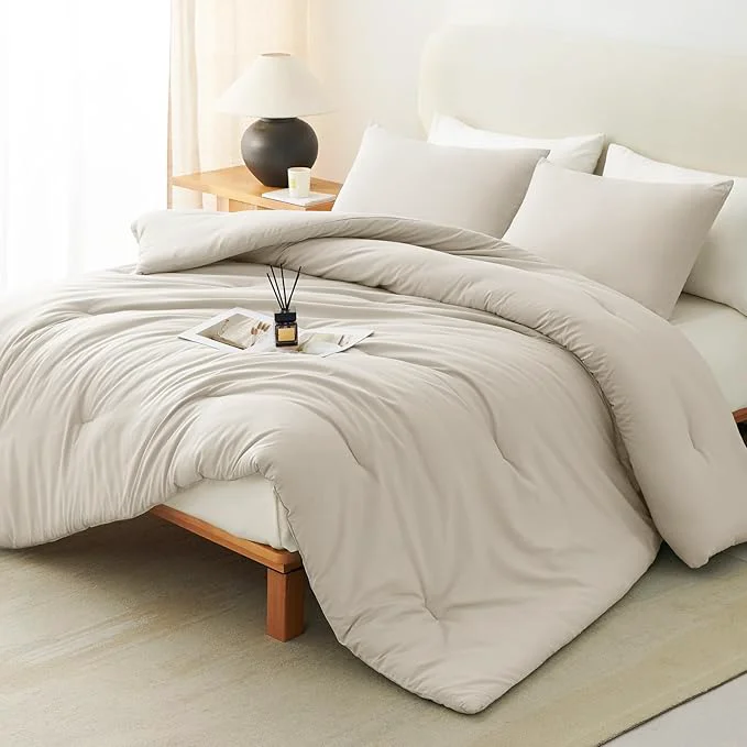 Trendy CozyLux California King Comforter Set Beige 3 Pieces Cal King Solid Breathable Quilted Bedding Sets Cozy Luxury Fluffy Soft Bed Sets with Down Comforter and 2 Pillowcases for All Season Exceptional