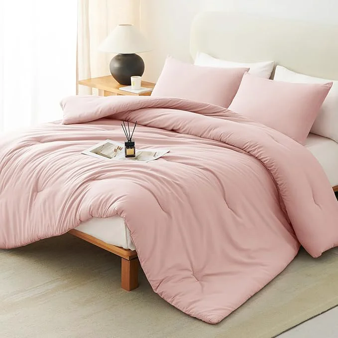 Smooth CozyLux California King Comforter Set Blush Pink 3 Pieces Cal King Solid Breathable Quilted Bedding Sets All Seasons Luxury Soft Lightweight Bed Set with Down Comforter and 2 Pillowcases Fine Crafted
