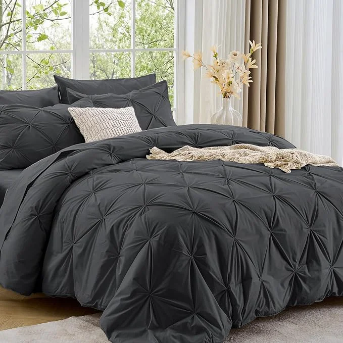 Expertly Made Sasttie Twin XL Comforter Set 5-Piece Bed in a Bag Pintuck Bedding Set for All Season Includes Comforter Flat Sheet Fitted Sheet Pillowcase and Pillowsham Dark Grey Organic