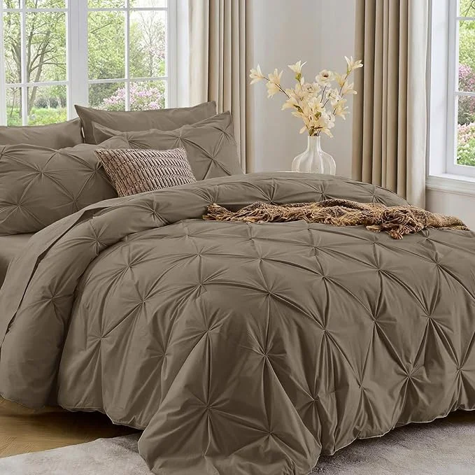Exclusive Sasttie Full Size Comforter Set 7-Piece Bed in a Bag Double Pintuck Bedding Set for All Season Includes Comforter Flat Sheet Fitted Sheet Pillowcases and Pillowshams Brown Professional