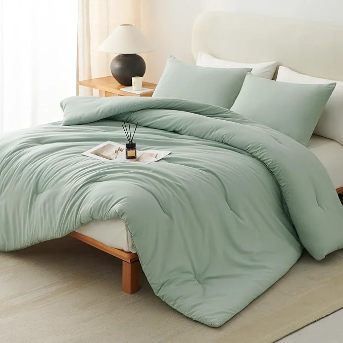 Sophisticated CozyLux Sage Green Queen Comforter Set 3 Pieces Solid Breathable Quilted Bedding Sets Luxury Fluffy Soft Bed Set with Down Comforter for All Season 1 Comforter amp 2 Pillowcases Exceptional
