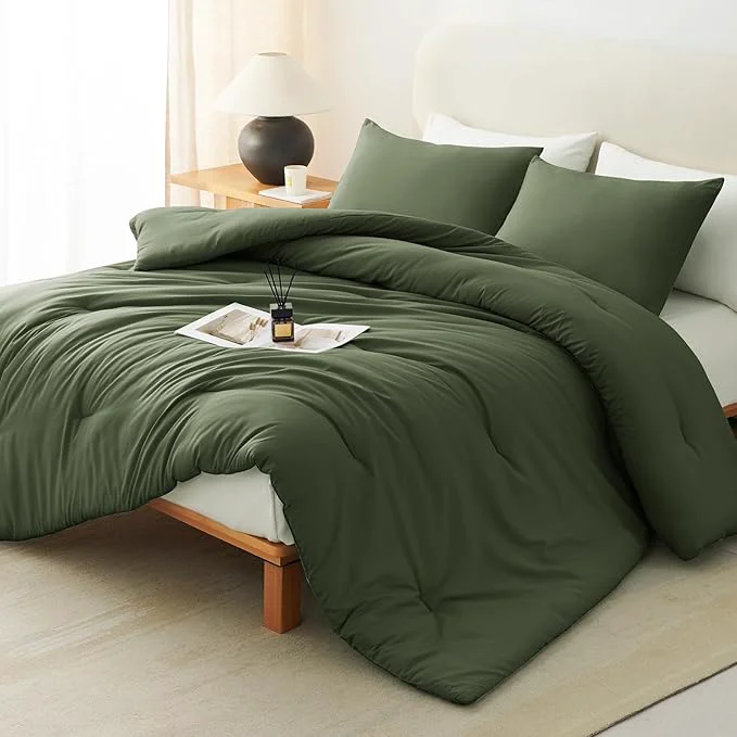 Secure CozyLux Queen Comforter Set Olive Green 3 Pieces Solid Comforters Queen Size Breathable Bedding Sets Luxury Soft Lightweight Bed Set with Down Comforter and 2 Pillowcases All Seasons Advanced