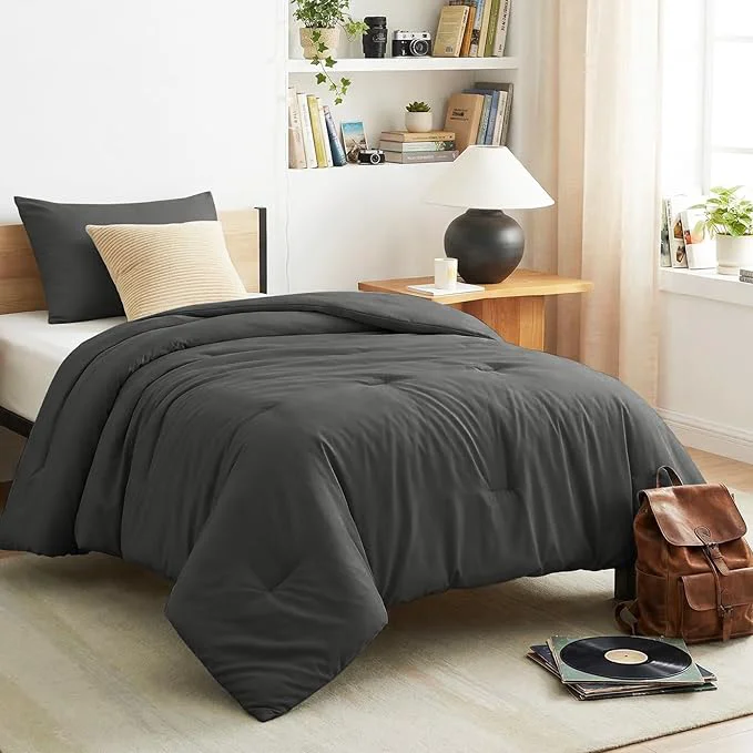 Premium CozyLux Twin Twin XL Comforter Set Dark Grey 2 Pieces Twin Extra Long Solid Breathable Bedding Set for College Dorm Dark Gray Luxury Soft Bed Set with Down Comforter and 1 Pillowcase Top-Quality