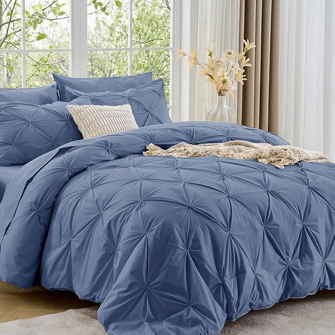 Smooth Sasttie California King Comforter Set 7-Piece Bed in a Bag Pintuck Bedding Sets for All Season Includes Comforter Flat Sheet Fitted Sheet Pillowcases and Pillowshams Slate Blue Specialty