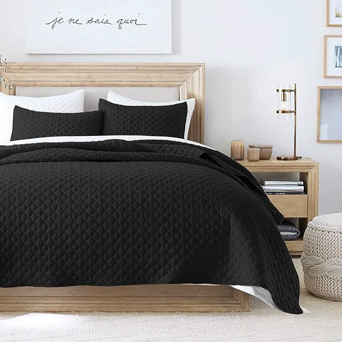 Sustainable HORIMOTE HOME Quilt Set Queen Size Black Bedspread with Clouds Pattern Soft Coverlet Set Lightweight Microfiber Quilted Bedspread for All Season Includes 1 Quilt and 2 Pillow Shams Trendy