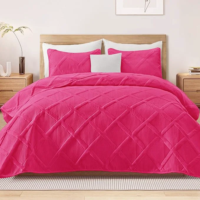 Fast Exclusivo Mezcla Oversized King Quilt Set- Hot Pink Cal King Quilts Bedding Set with 2 Pillow Shams Modern Bedspread with Striped Pattern Soft Lightweight Bedspreads Coverlets for All Seasons High-End