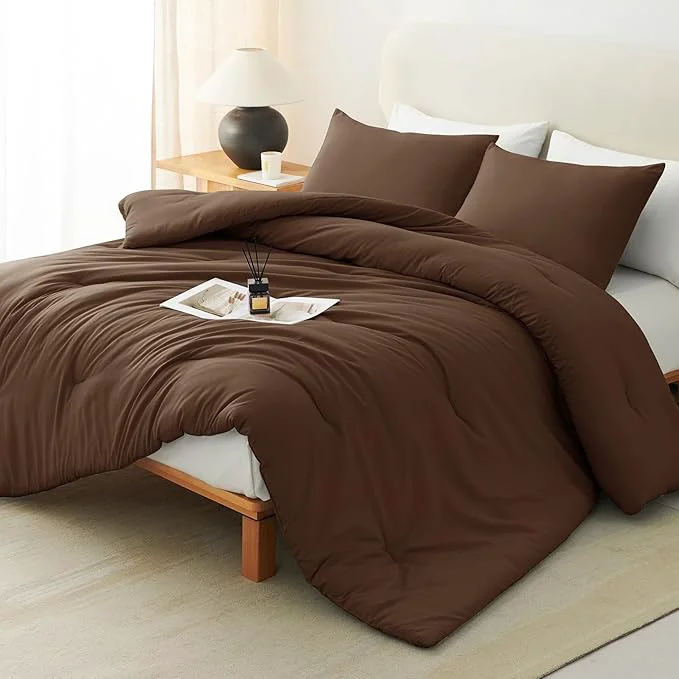 Practical CozyLux Full Size Comforter Set Brown 3 Pieces Solid Breathable Quilted Bedding Sets Luxury Lightweight Soft Bed Set with Down Comforter and 2 Pillowcases for All Seasons Exclusive