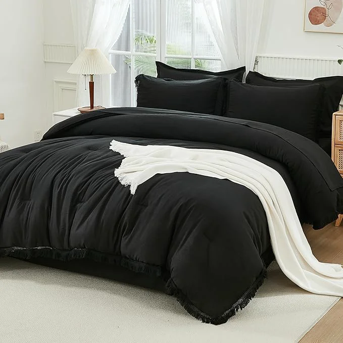 Exceptional Andency Black King Size Comforter Set with Sheets – 7 Pieces Boho Tassel Bed in a Bag Soft Lightweight Bedding Sets Black Fringe Bed Set with Comforter Sheets Pillowcases amp Shams Minimalist