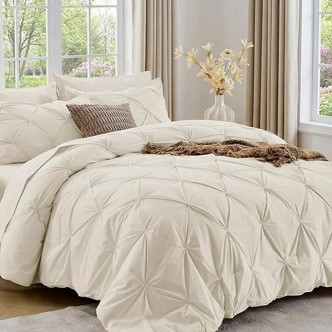 Soft Sasttie King Size Comforter Set 7-Piece Bed in a Bag Pintuck Bedding Set for All Season Includes Comforter Flat Sheet Fitted Sheet Pillowcases and Pillowshams Beige Smart