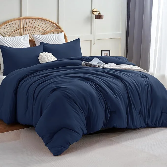 Outstanding CozyLux Navy Blue King Size Comforter Set 3 Pieces Solid Breathable Quilted Style Bedding Sets Luxury Fluffy Soft Bed Set with Down Comforter for All Season 1 Comforter amp 2 Pillowcases Prestigious