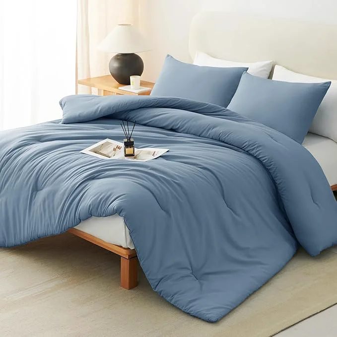 Traditional CozyLux Oversized King Comforter Set Grayish Blue 3 Pieces 120×98 Solid Breathable Quilted Bedding Sets Dusty Blue Luxury Soft Lightweight Bed Set with Down Comforter and 2 Pillowcases Fast