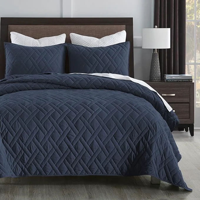Functional HORIMOTE HOME Quilt Set Queen Size Navy Blue Classic Geometric Diamond Stitched Pattern Ultra Soft Microfiber Lightweight Bedding Bedspread Coverlet for All Season with 1 Quilt 2 Pillow Shams Healthy