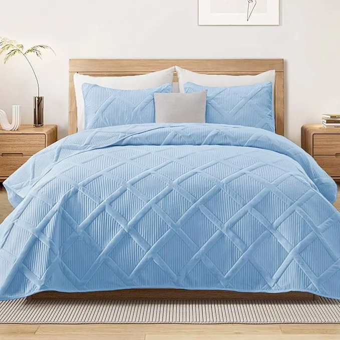 Exclusive Exclusivo Mezcla Full Queen Size Quilt Set with Modern Striped Pattern 3 Pieces Lightweight Grayish Blue Quilts Bedding Set Soft Bedspreads Coverlets for All Seasons Exceptional