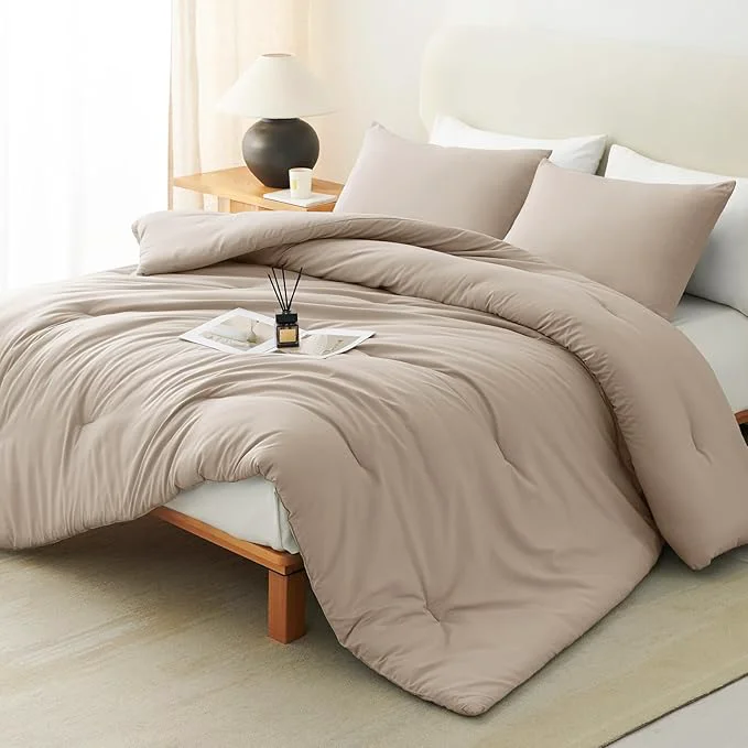 Elegant CozyLux Full Size Comforter Set Wheat 3 Pieces Solid Breathable Quilted Bedding Sets Luxury Lightweight Soft Bed Set with Down Comforter and 2 Pillowcases for All Seasons Professional