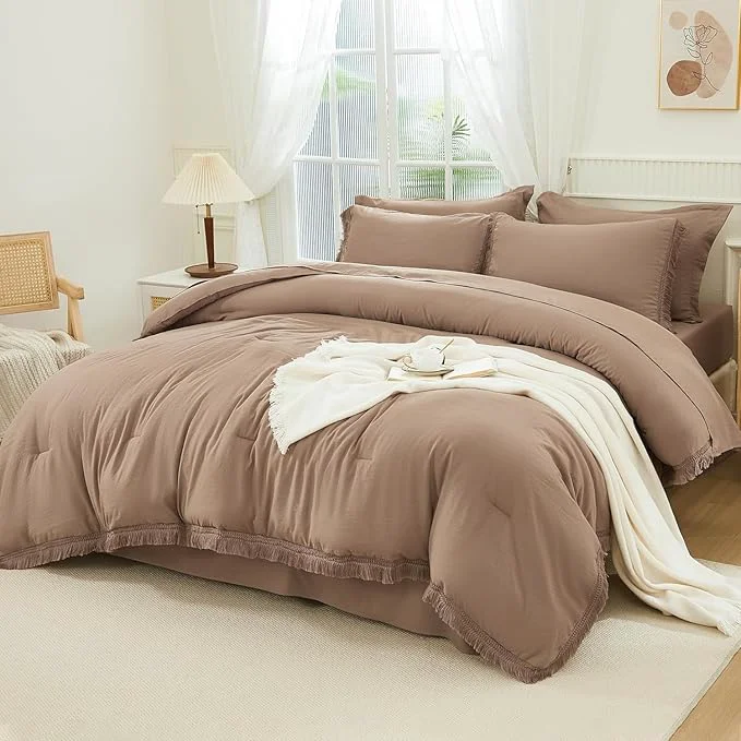 Excellent Andency Oversized King Comforter Set Taupe 120×98-7 Pieces Boho Tassel Bed in a Bag Soft Lightweight Bedding Sets Fringe All Season Bed Set with Comforter Sheets Pillowcases amp Shams Original