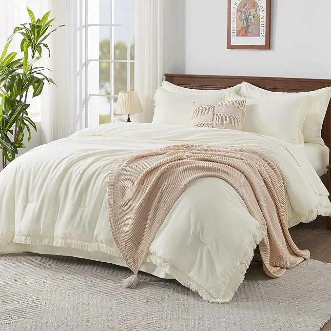 Trendy Andency California King Size Comforter Set with Sheets Ivory – 7 Pieces Cal King Bed in a Bag Boho Bedding Sets Ivory Bed Set with Comforter Sheets Pillowcases amp Shams Easy-to-Use