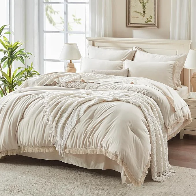 Unique Andency King Size Comforter Set 7 Pieces Beige Bed in a Bag King Fluffy Boho Tassel Bed Set Cream Fringe Bedding Set with Quilt Comforter Sheets Pillowcases amp Shams Comfortable
