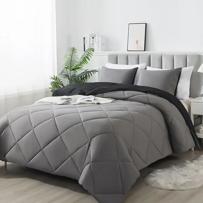 Healthy 3-Piece Queen Comforter Set All-Season Soft amp Hypoallergenic amp Breathable Bedding Polyester Quilted Down Comforter 1 amp Pillowcases 2 Black Dark Gray Casual