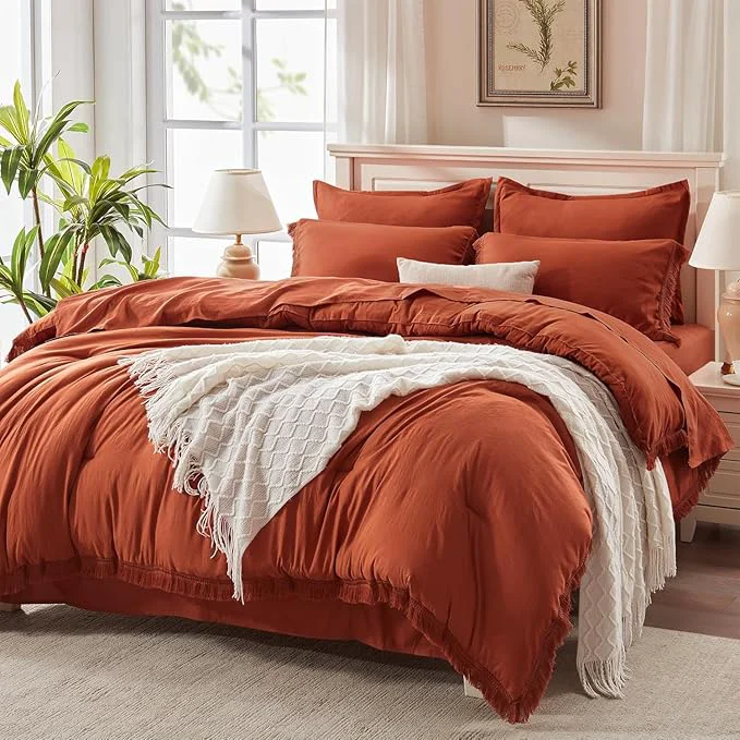 Relaxed Andency Oversized King Comforter Set with Sheets 128×120 Terracotta – 7 Pieces Bed in a Bag Boho Soft Lightweight Bedding Sets Tassel Bed Set with Comforter Sheets Pillowcases amp Shams Original Design