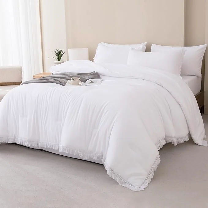 Exceptional Andency Full Size Comforter Set White -7 Pieces Boho Tassel Bed in a Bag Soft Lightweight Bedding Sets All Season Fringe Bed Set with Comforter Sheets Pillowcases amp Shams Authentic