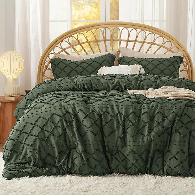 Certified Bedsure Full Comforter Set – Olive Green Comforter Boho Tufted Shabby Chic Bedding for Kids 3 Pieces Vintage Farmhouse Bed Set for All Seasons Fluffy Soft Bedding with 2 Pillow Shams Genuine