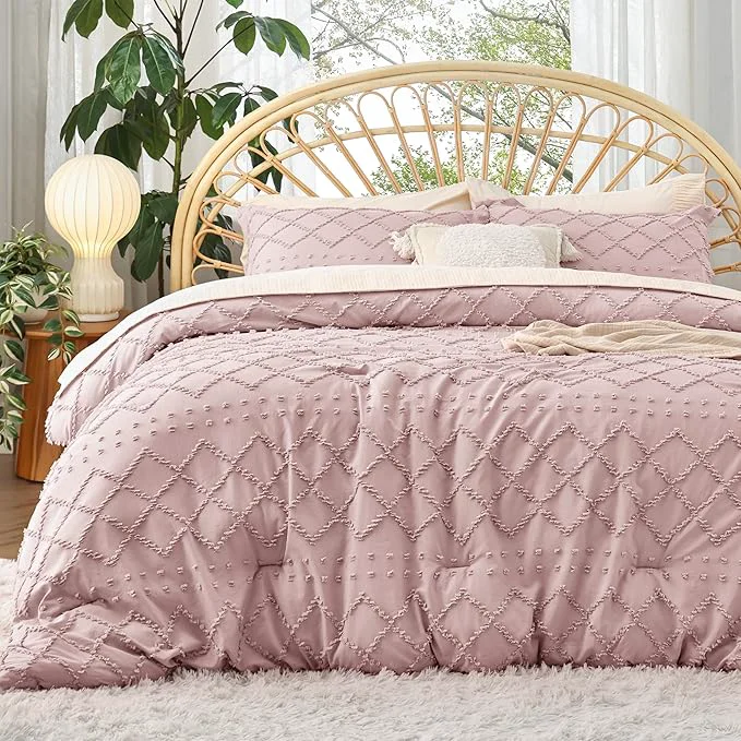Refined Bedsure Twin Comforter Set – Dusty Rose Comforter Boho Tufted Shabby Chic Bedding for Kids 2 Pieces Vintage Farmhouse Bed Set for All Seasons Fluffy Soft Bedding with 1 Pillow Sham Sustainable