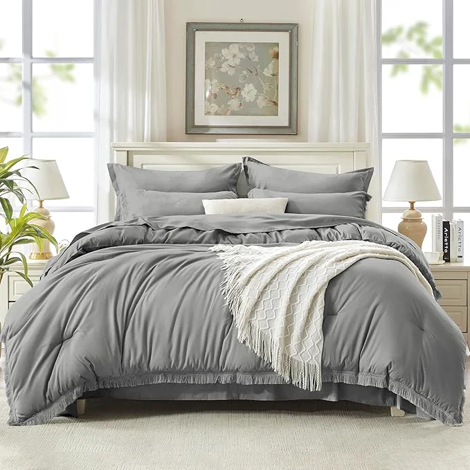 Exclusive Andency California King Size Comforter Set with Sheets Medium Grey – 7 Pieces Cal King Bed in a Bag Boho Bedding Sets Bed Set with Comforter Sheets Pillowcases amp Shams Responsible