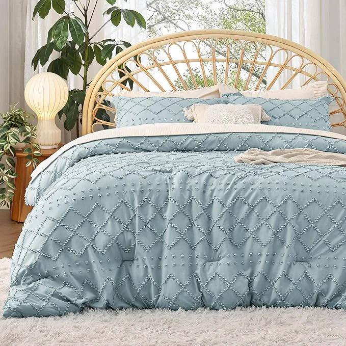 Convenient Bedsure Full Comforter Set – Dusty Blue Comforter Boho Tufted Shabby Chic Bedding for Kids 3 Pieces Vintage Farmhouse Bed Set for All Seasons Fluffy Soft Bedding with 2 Pillow Shams Smooth