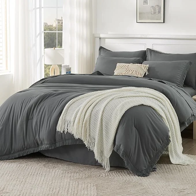 Refined Andency Dark Grey Full Size Comforter Set with Sheets – 7 Pieces Boho Tassel Bed in a Bag Soft Lightweight Bedding Sets Dark Grey Fringe Bed Set with Comforter Sheets Pillowcases amp Shams World-Class