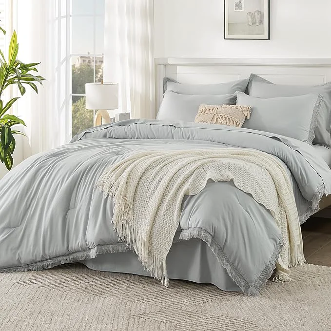 Verified Andency Light Grey Full Size Comforter Set with Sheets – 7 Pieces Boho Tassel Bed in a Bag Soft Lightweight Bedding Sets Light Grey Fringe Bed Set with Comforter Sheets Pillowcases amp Shams Relaxed