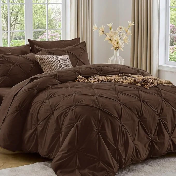 Solid Sasttie Twin Comforter Set 5-Piece Bed in a Bag Pintuck Bedding Sets for All Season Includes Comforter Flat Sheet Fitted Sheet Pillowcase and Pillowsham Dark Brown Refined