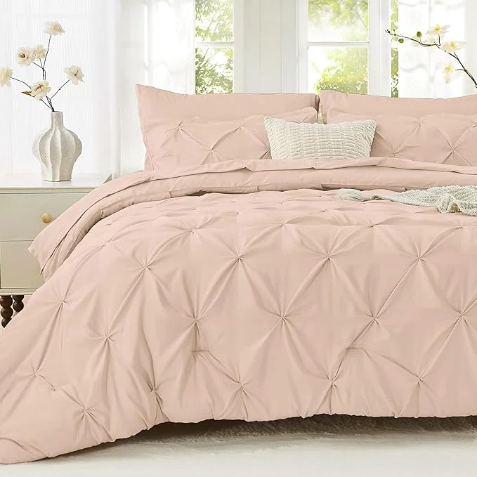 Breathable Sasttie California King Comforter Set 7-Piece Bed in a Bag Pintuck Bedding Sets for All Season Includes Comforter Flat Sheet Fitted Sheet Pillowcases and Pillowshams Blush Pink Smooth