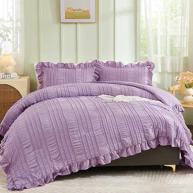 Artisan WONGS BEDDING Purple Comforter Set King 3 Pieces Ruffle Farmhouse Shabby Chic Comforter for King Bed Soft Textured Boho Bedding Set with 1 Ruffle Comforter 2 Tufted Pillowcases 104 quot ×90 quot Smart