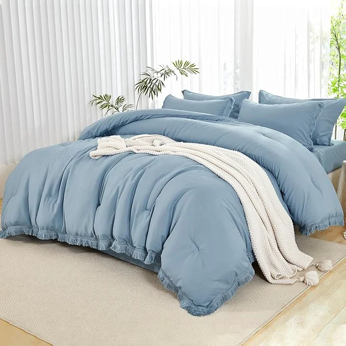 Premium Material Andency California King Size Comforter Set with Sheets Grayish Blue – 7 Pieces Cal King Bed in a Bag Boho Bedding Sets Bed Set with Comforter Sheets Pillowcases amp Shams Solid