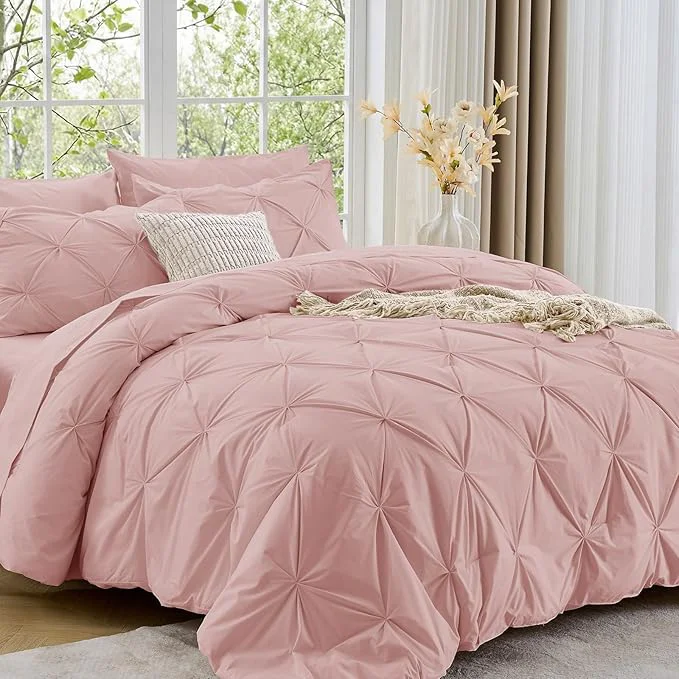 Convenient Sasttie King Size Comforter Set 7-Piece Bed in a Bag Pintuck Bedding Set for All Season Includes Comforter Flat Sheet Fitted Sheet Pillowcases and Pillowshams Rose Gold Elite