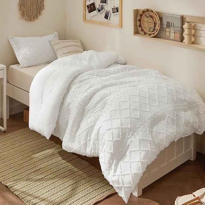 Crafted Bedsure Twin XL Comforter Set – White Comforter Boho Tufted Shabby Chic Bedding for Kids 2 Pieces Vintage Farmhouse Bed Set for All Seasons Fluffy Soft Bedding with 1 Pillow Sham Quality