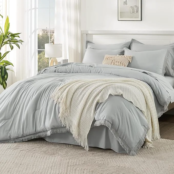 Convenient Andency Oversized King Comforter Set Light Grey 120×98-7 Pieces Boho Tassel Bed in a Bag Soft Lightweight Bedding Sets Fringe All Season Bed Set with Comforter Sheets Pillowcases amp Shams First-Class