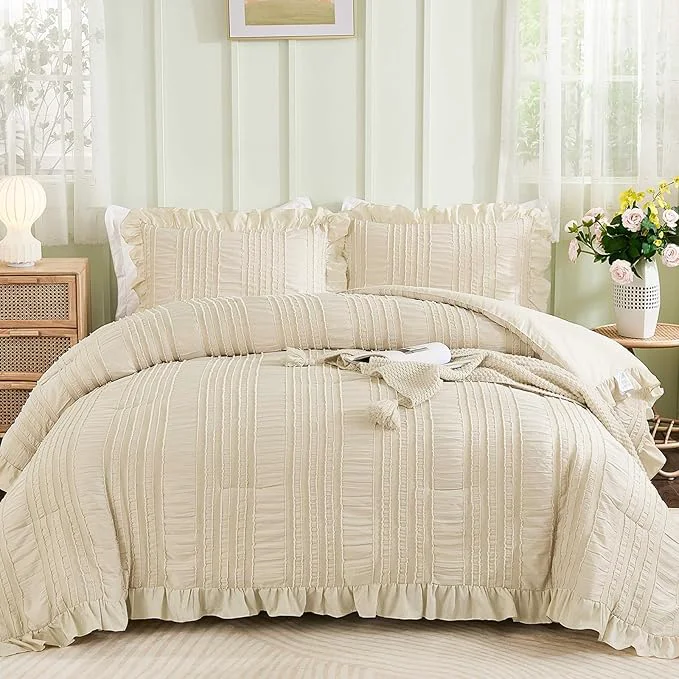 Effective WONGS BEDDING Beige Textured Comforter Set King 3 Pieces Ruffle Farmhouse Shabby Chic Comforter for Queen Bed Soft Seersucker Boho Bedding Set with 1 Ruffle Comforter 2 Tufted Pillowcases 104 quot ×90 quot Secure